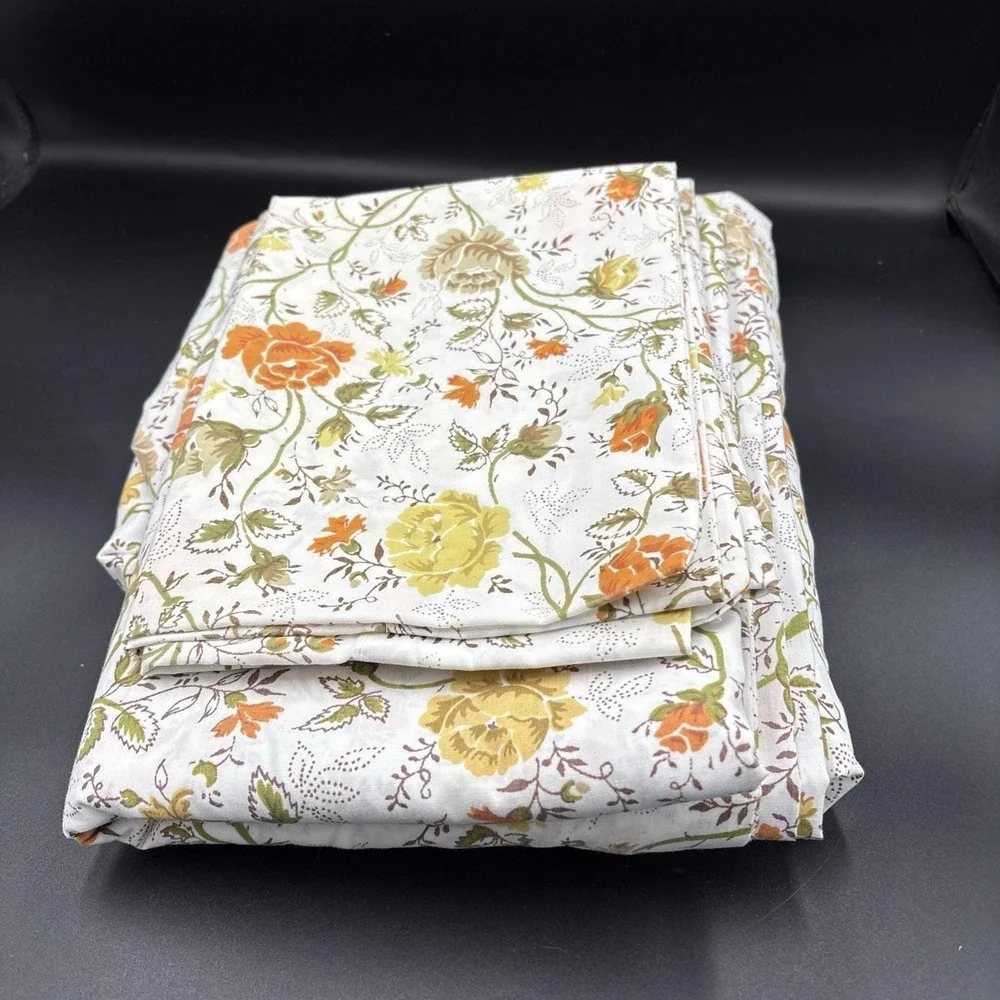 VTG JC Penny Juliet Orange Autumn Gold Floral Twin sheet Set w/pillow Case